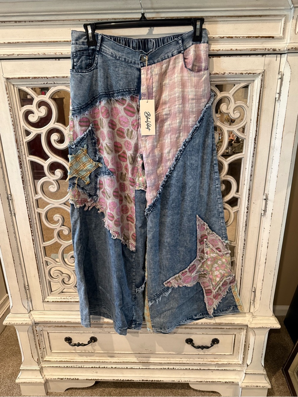 Boho Patchwork Wide-Leg Jeans in Blue and Pink